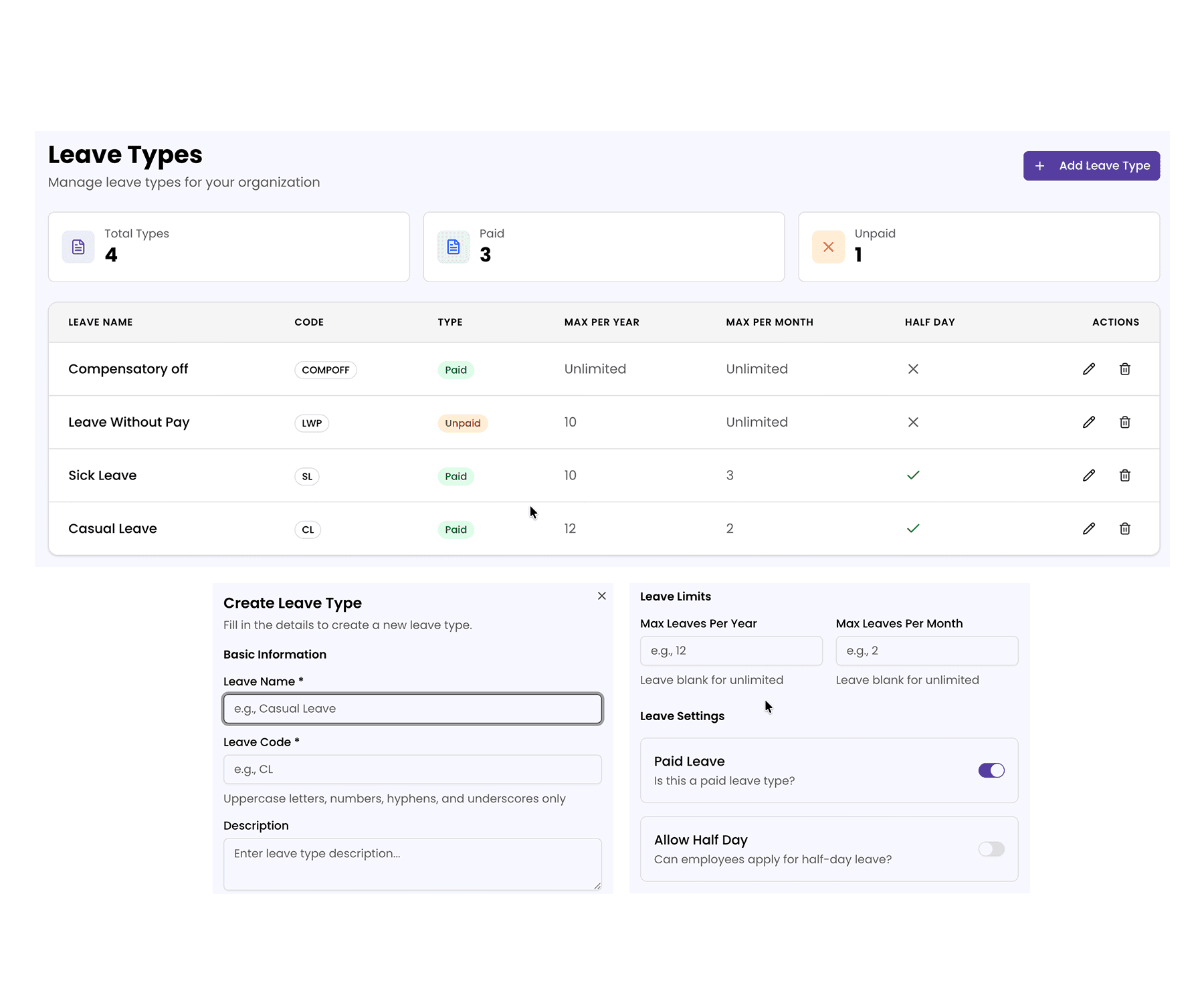 Leave Types & Leave Details